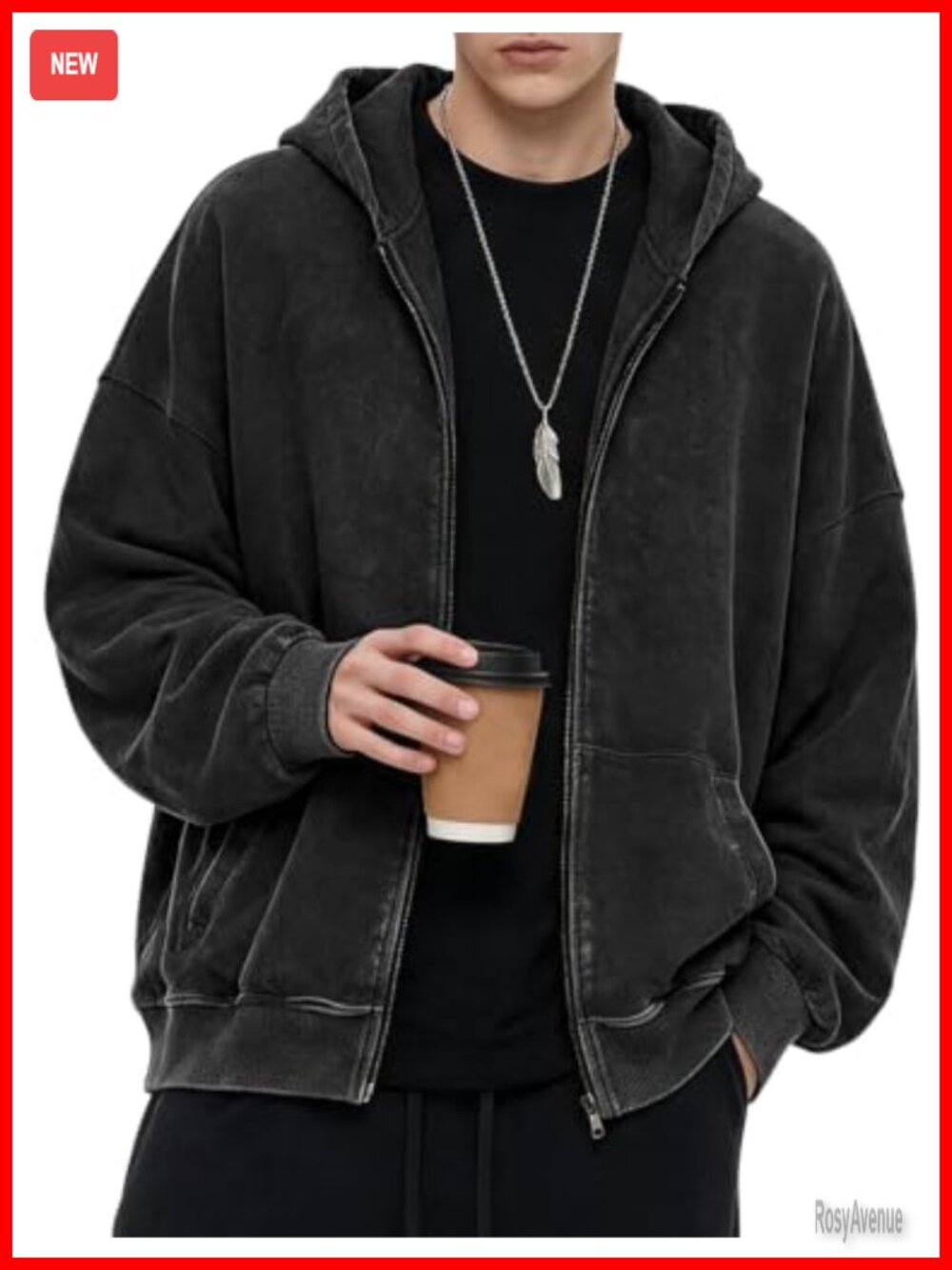 100% Cotton Oversized Zip Up Hoodie Distressed Acid Wash Vintage Sweatshirt